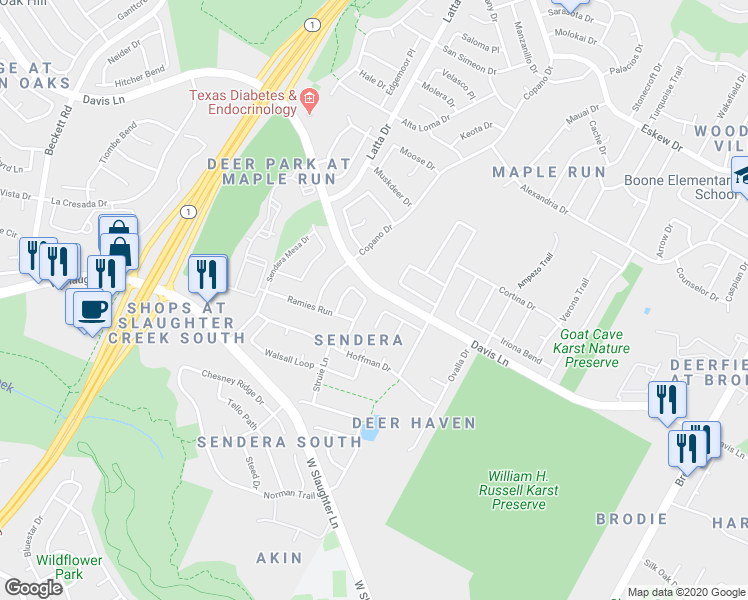 map of restaurants, bars, coffee shops, grocery stores, and more near 4499-4599 Davis Lane in Austin