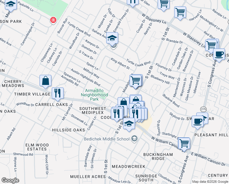 map of restaurants, bars, coffee shops, grocery stores, and more near 6409 Cooper Lane in Austin