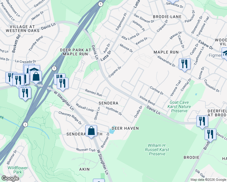 map of restaurants, bars, coffee shops, grocery stores, and more near 8833 Whiteworth Loop in Austin