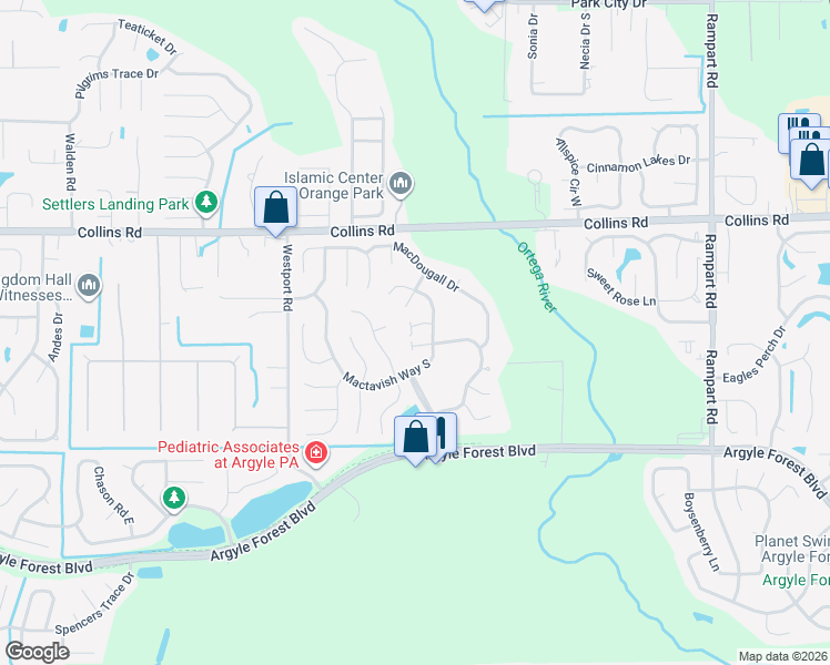 map of restaurants, bars, coffee shops, grocery stores, and more near 8024 Mactavish Way North in Jacksonville