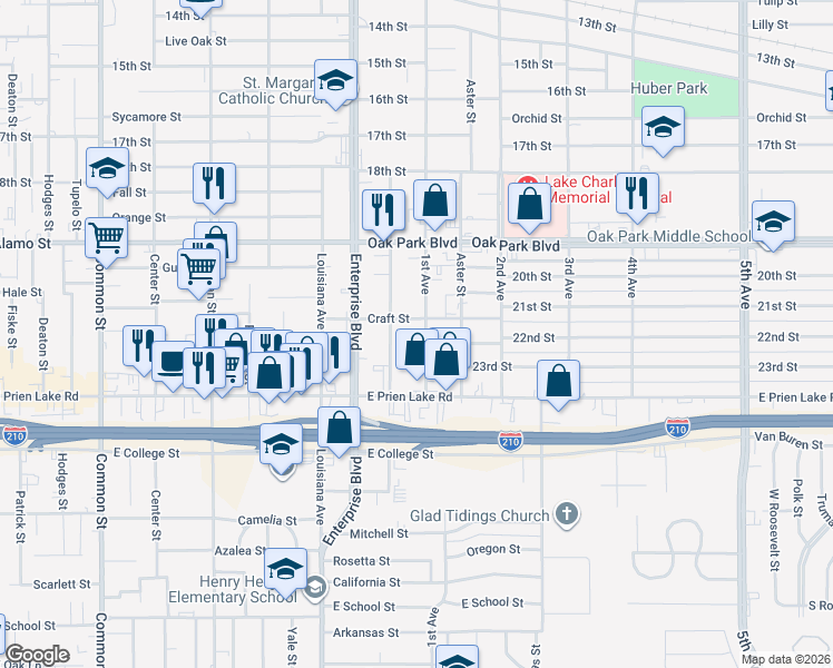 map of restaurants, bars, coffee shops, grocery stores, and more near 3015 Warren Avenue in Lake Charles