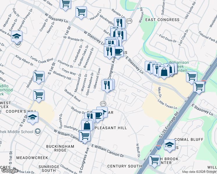 map of restaurants, bars, coffee shops, grocery stores, and more near 5924 South Congress Avenue in Austin