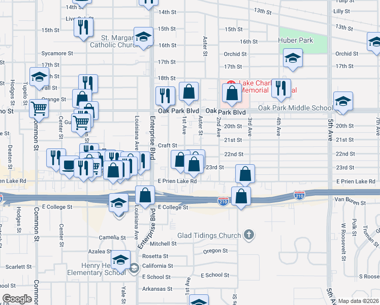 map of restaurants, bars, coffee shops, grocery stores, and more near 3011 1st Avenue in Lake Charles