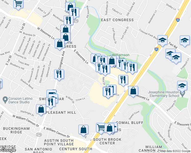 map of restaurants, bars, coffee shops, grocery stores, and more near 601 East Stassney Lane in Austin