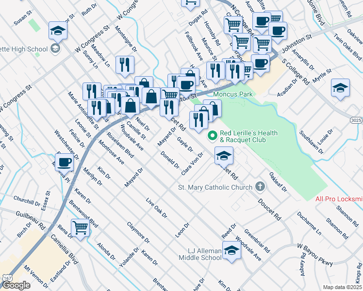 map of restaurants, bars, coffee shops, grocery stores, and more near 123 Gayle Dr in Lafayette