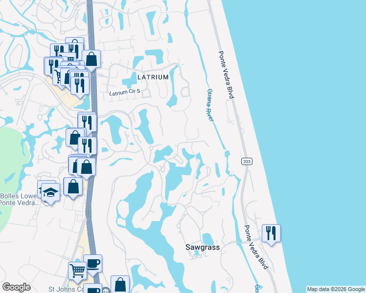 map of restaurants, bars, coffee shops, grocery stores, and more near 79 Fishermans Cove Road in Ponte Vedra Beach