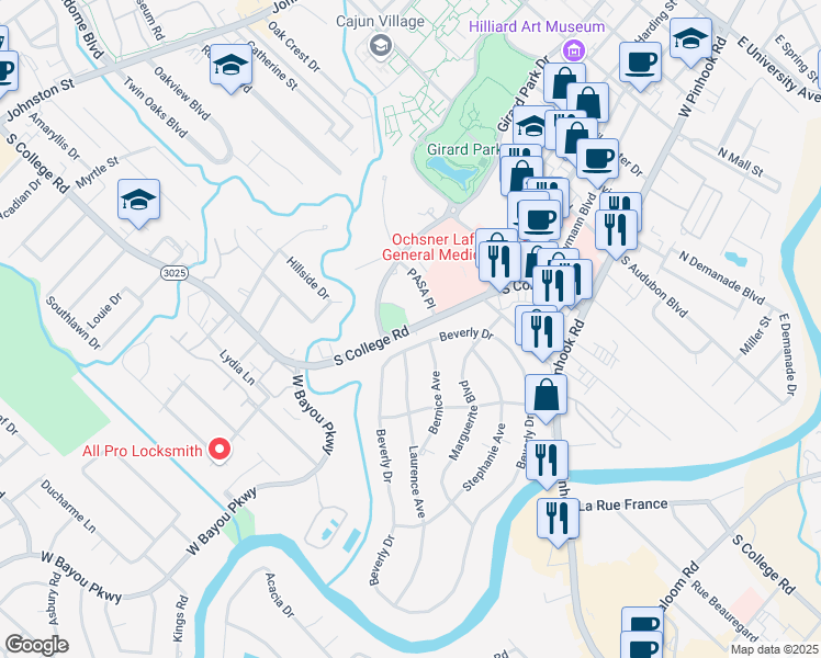 map of restaurants, bars, coffee shops, grocery stores, and more near South College Road in Lafayette