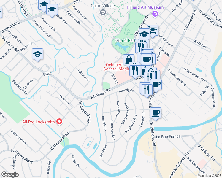 map of restaurants, bars, coffee shops, grocery stores, and more near South College Road in Lafayette