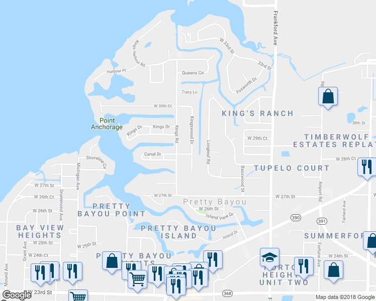 map of restaurants, bars, coffee shops, grocery stores, and more near 2837 Kingswood Drive in Panama City