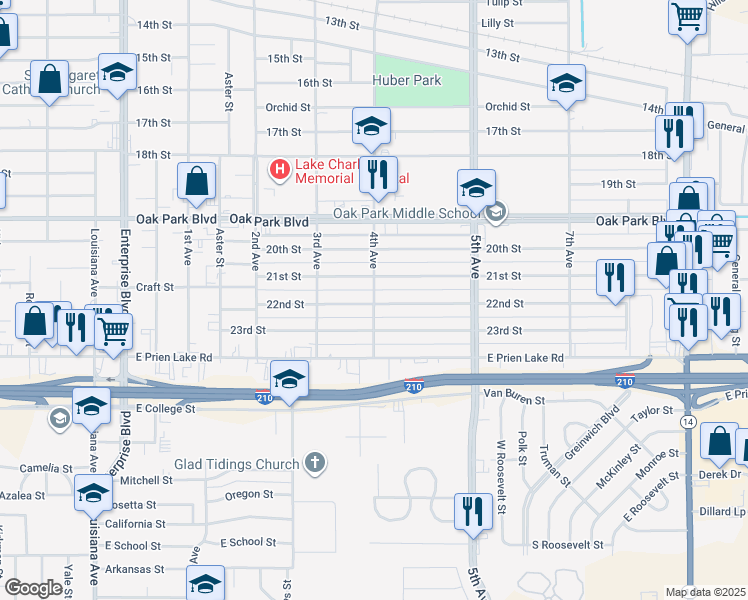map of restaurants, bars, coffee shops, grocery stores, and more near 3101-3199 4th Avenue in Lake Charles
