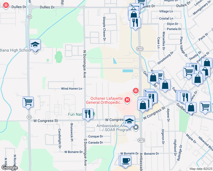 map of restaurants, bars, coffee shops, grocery stores, and more near 223 Saint Nicholas Drive in Lafayette