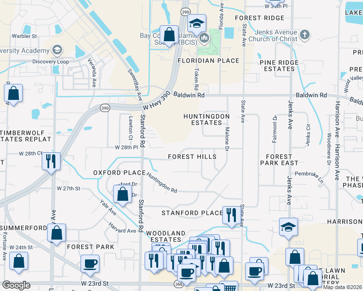 map of restaurants, bars, coffee shops, grocery stores, and more near 928 Rosemont Drive in Panama City
