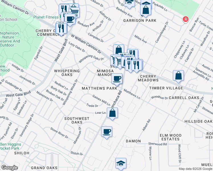 map of restaurants, bars, coffee shops, grocery stores, and more near 2102 Matthews Lane in Austin