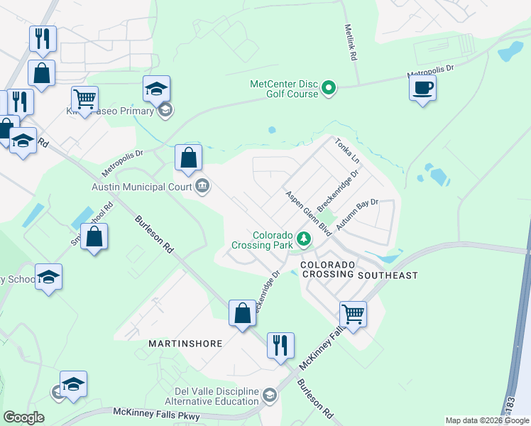 map of restaurants, bars, coffee shops, grocery stores, and more near 7116 Vail Ridge Street in Austin