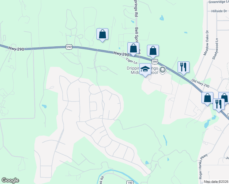 map of restaurants, bars, coffee shops, grocery stores, and more near 367 Pink Granite Blvd in Dripping Springs