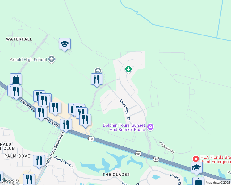 map of restaurants, bars, coffee shops, grocery stores, and more near 336 Basin Bayou Drive in Panama City Beach