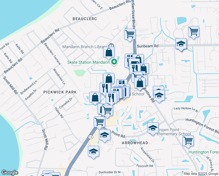 map of restaurants, bars, coffee shops, grocery stores, and more near 9776 San Jose Boulevard in Jacksonville