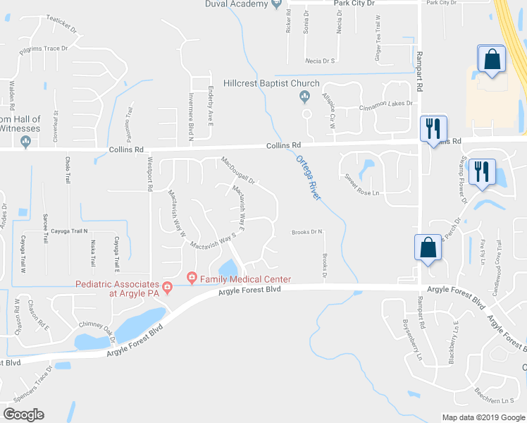 map of restaurants, bars, coffee shops, grocery stores, and more near 7752 Macdougall Drive in Jacksonville