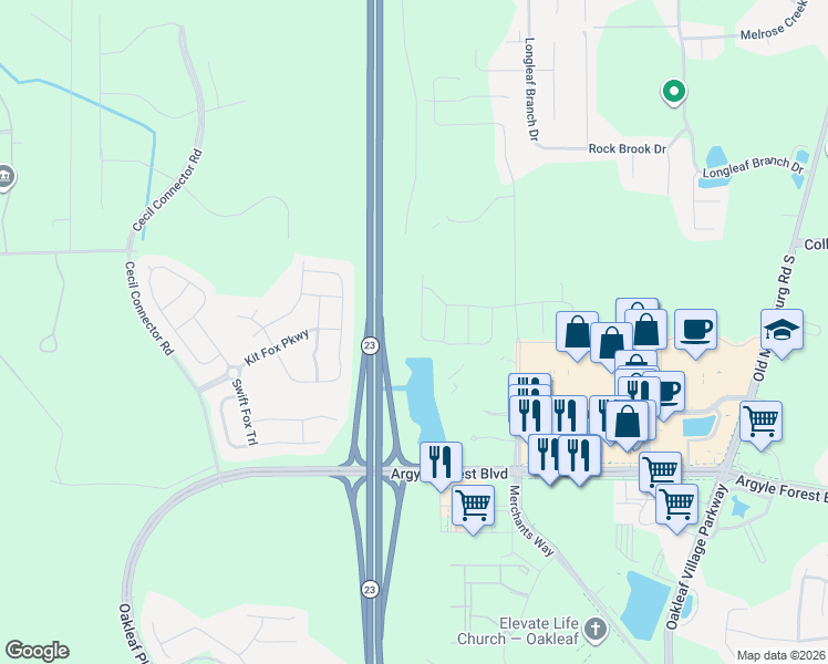 map of restaurants, bars, coffee shops, grocery stores, and more near Cecil Commerce Center Parkway in Jacksonville