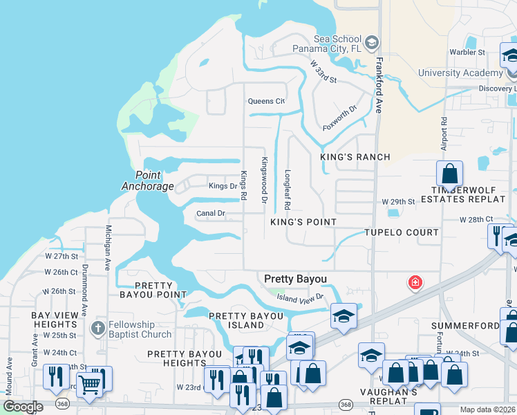 map of restaurants, bars, coffee shops, grocery stores, and more near 2901 Kings Road in Panama City
