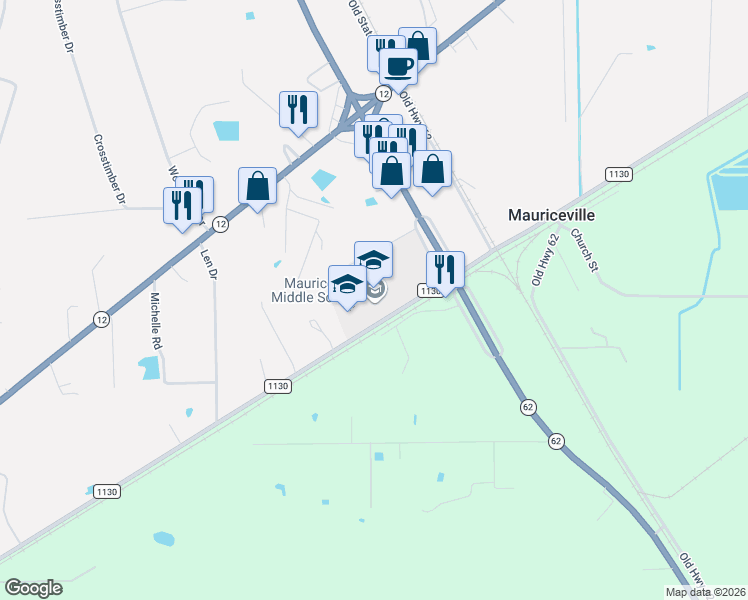 map of restaurants, bars, coffee shops, grocery stores, and more near 19952 Farm to Market Road 1130 in Orange