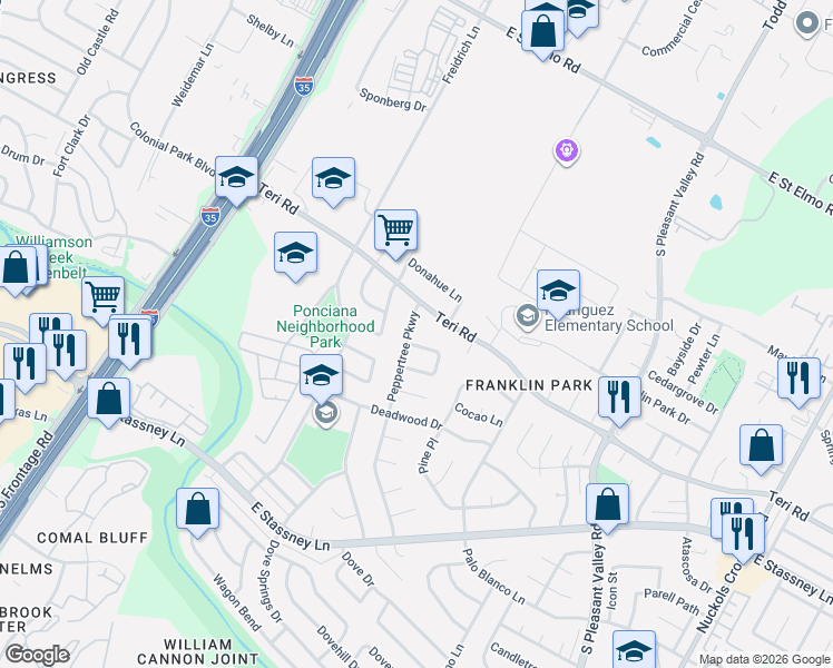 map of restaurants, bars, coffee shops, grocery stores, and more near 5006 Peppertree Parkway in Austin