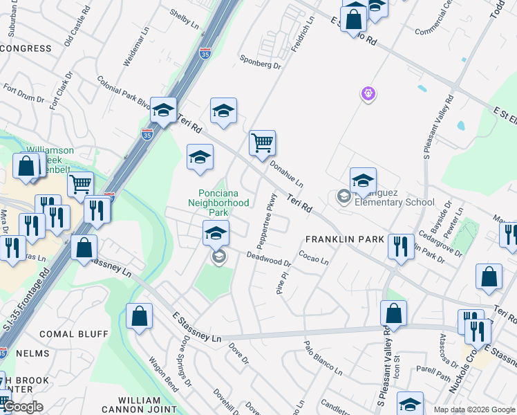 map of restaurants, bars, coffee shops, grocery stores, and more near 5006 Peppertree Parkway in Austin