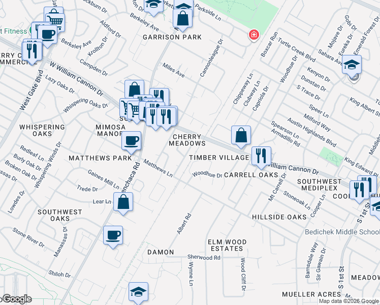 map of restaurants, bars, coffee shops, grocery stores, and more near 6905 Cherry Meadow Drive in Austin