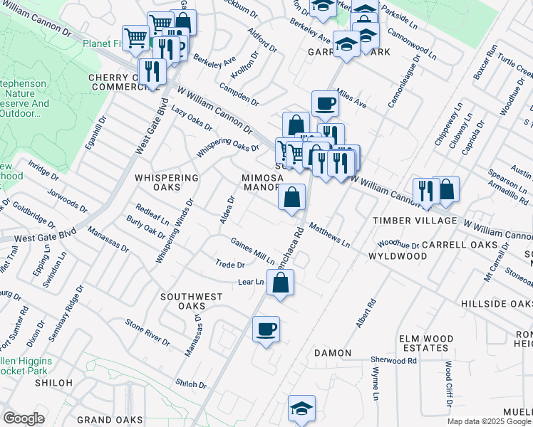 map of restaurants, bars, coffee shops, grocery stores, and more near 2102 Matthews Lane in Austin