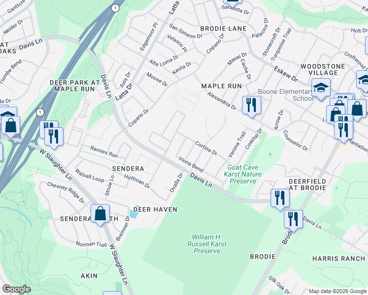 map of restaurants, bars, coffee shops, grocery stores, and more near 4243 Iriona Bend in Austin