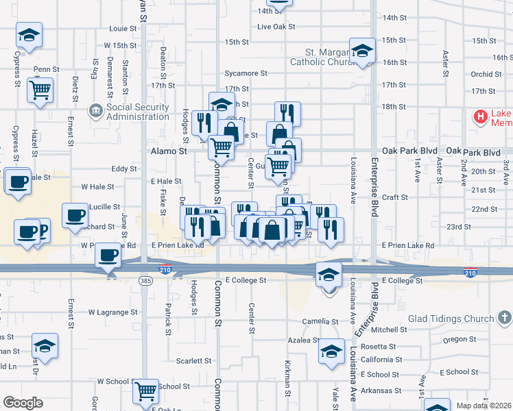 map of restaurants, bars, coffee shops, grocery stores, and more near 704 Craft Street in Lake Charles