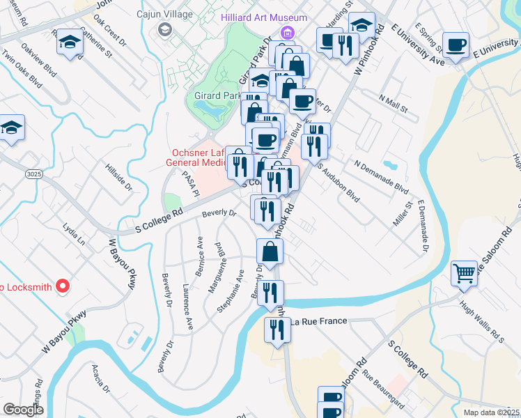 map of restaurants, bars, coffee shops, grocery stores, and more near 225 Bendel Road in Lafayette