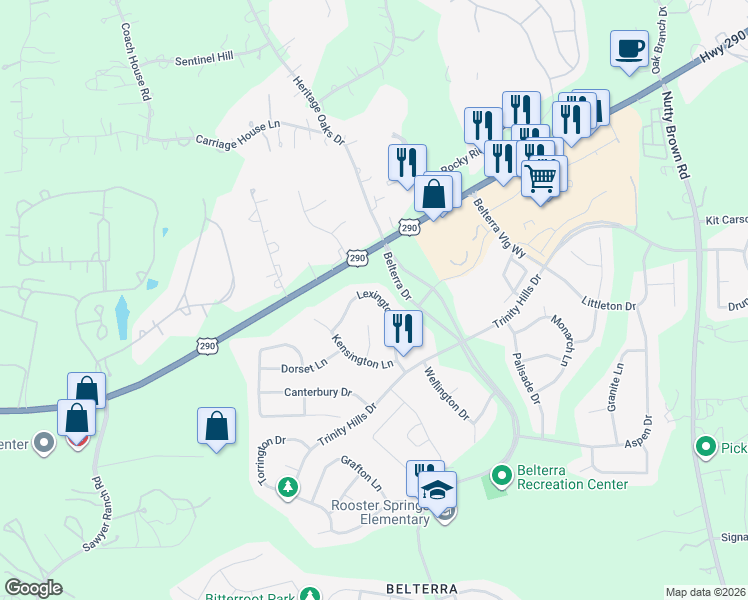 map of restaurants, bars, coffee shops, grocery stores, and more near 271 Lexington Drive in Austin