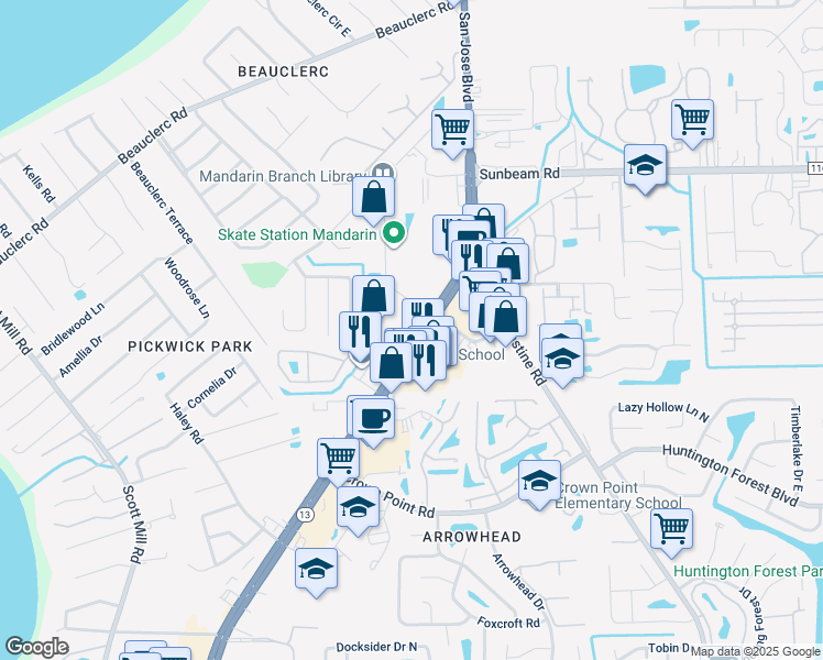 map of restaurants, bars, coffee shops, grocery stores, and more near 9738 San Jose Boulevard in Jacksonville