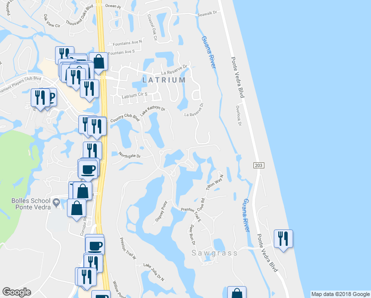 map of restaurants, bars, coffee shops, grocery stores, and more near Fishermans Cove Road in Ponte Vedra Beach