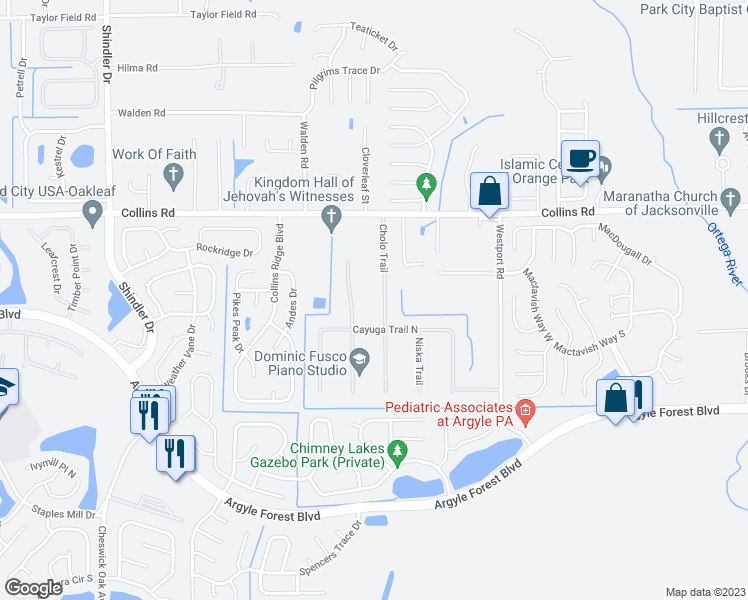 map of restaurants, bars, coffee shops, grocery stores, and more near 8040 Cholo Trail in Jacksonville
