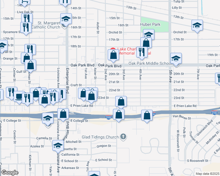 map of restaurants, bars, coffee shops, grocery stores, and more near 1608 21st Street in Lake Charles