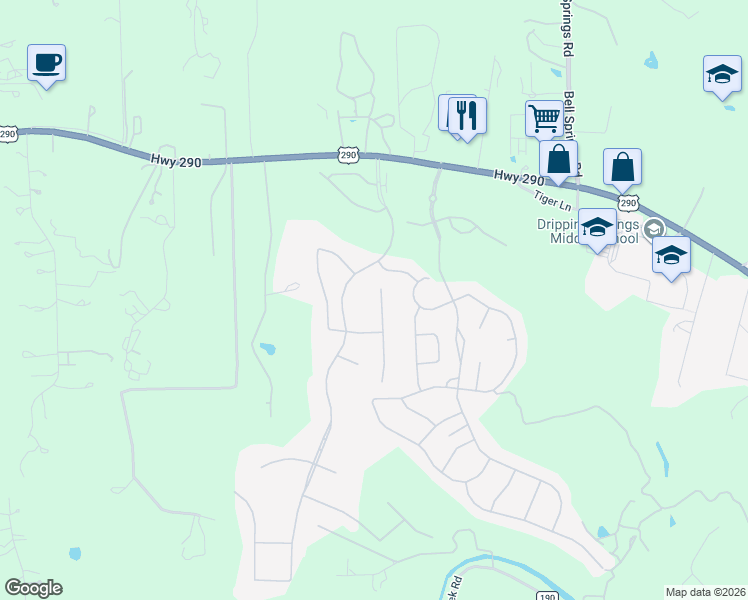 map of restaurants, bars, coffee shops, grocery stores, and more near 100 Dally Court in Dripping Springs