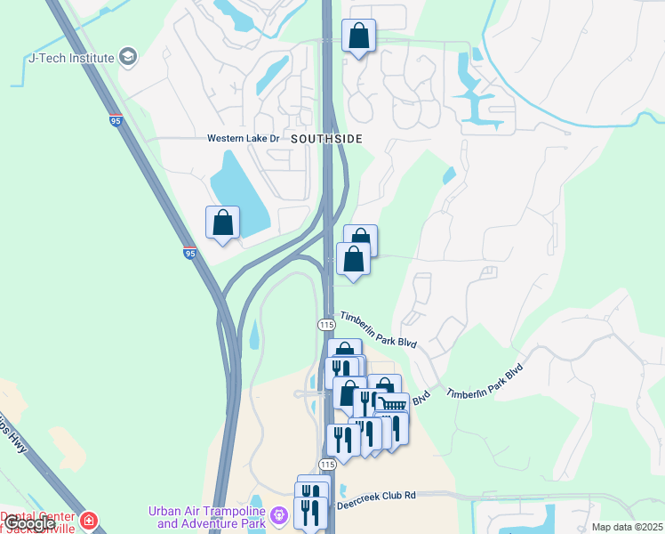 map of restaurants, bars, coffee shops, grocery stores, and more near Southside Boulevard in Jacksonville