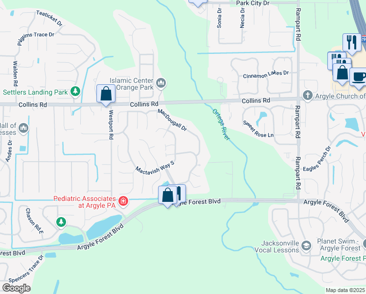map of restaurants, bars, coffee shops, grocery stores, and more near 8024 Mactavish Way North in Jacksonville