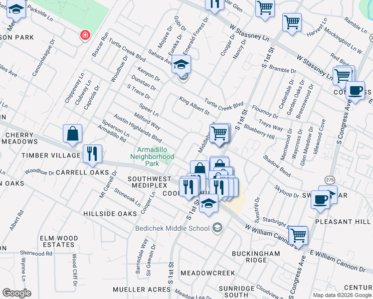 map of restaurants, bars, coffee shops, grocery stores, and more near 6409 Cooper Lane in Austin