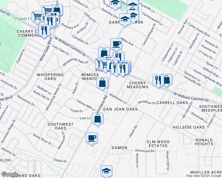 map of restaurants, bars, coffee shops, grocery stores, and more near 2000 Mimosa Drive in Austin