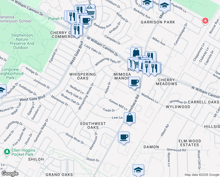 map of restaurants, bars, coffee shops, grocery stores, and more near 7220 Aldea Drive in Austin
