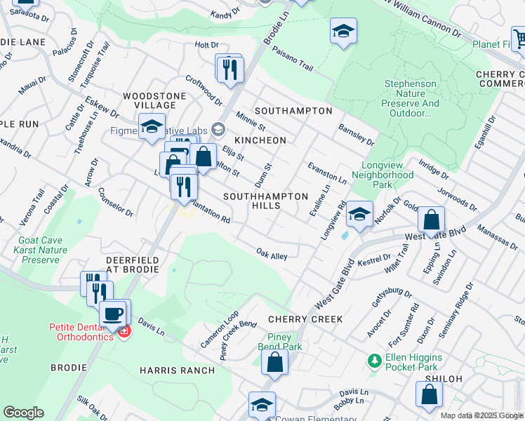 map of restaurants, bars, coffee shops, grocery stores, and more near 8010 Clydesdale Drive in Austin