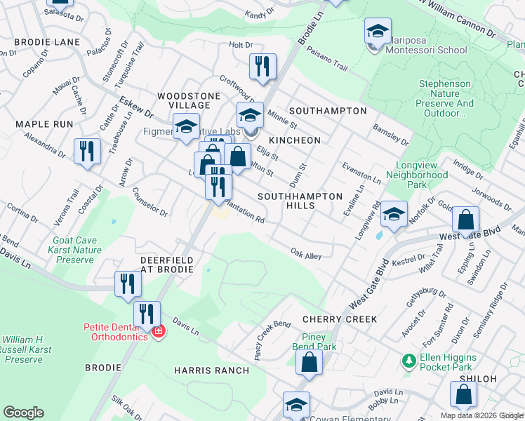 map of restaurants, bars, coffee shops, grocery stores, and more near 3404 Dunliegh Drive in Austin