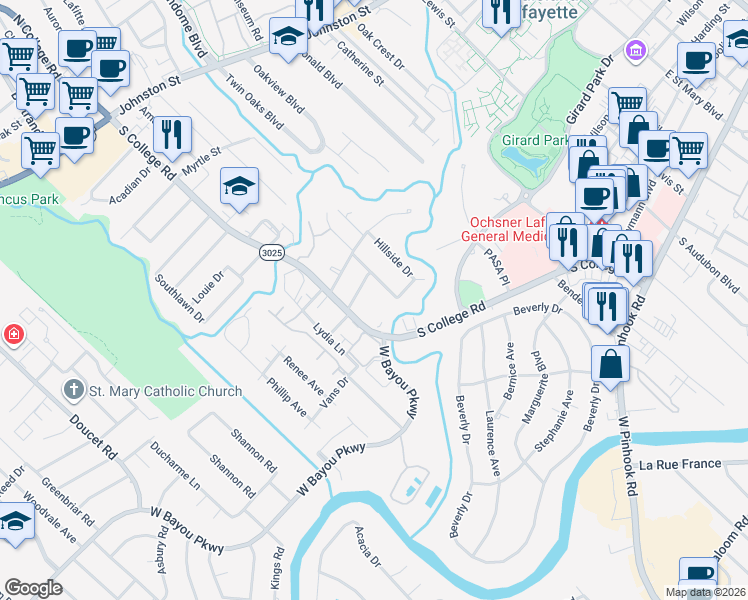 map of restaurants, bars, coffee shops, grocery stores, and more near 115 Hillside Drive in Lafayette