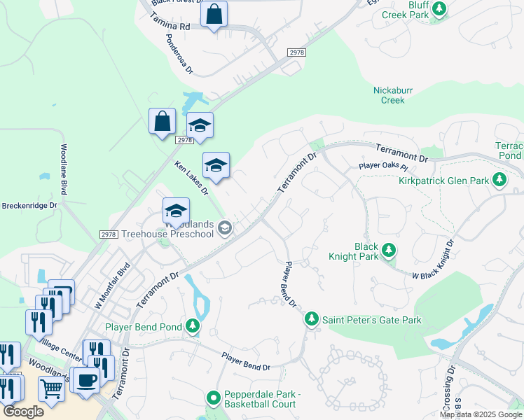 map of restaurants, bars, coffee shops, grocery stores, and more near 14 Rosalind Lane in The Woodlands
