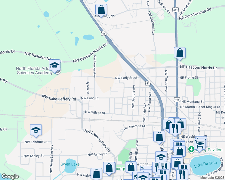 map of restaurants, bars, coffee shops, grocery stores, and more near 1699 Northwest Magnoia Way in Lake City