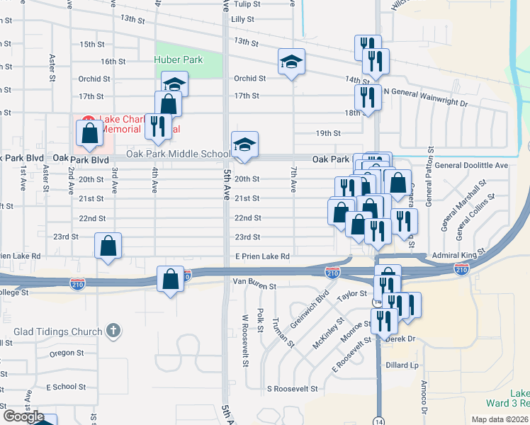 map of restaurants, bars, coffee shops, grocery stores, and more near 2232 21st Street in Lake Charles