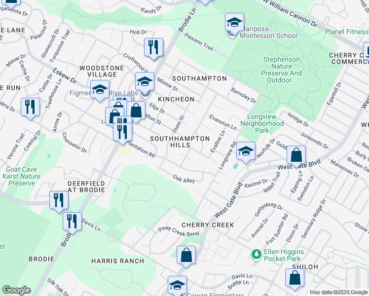 map of restaurants, bars, coffee shops, grocery stores, and more near 8010 Clydesdale Drive in Austin
